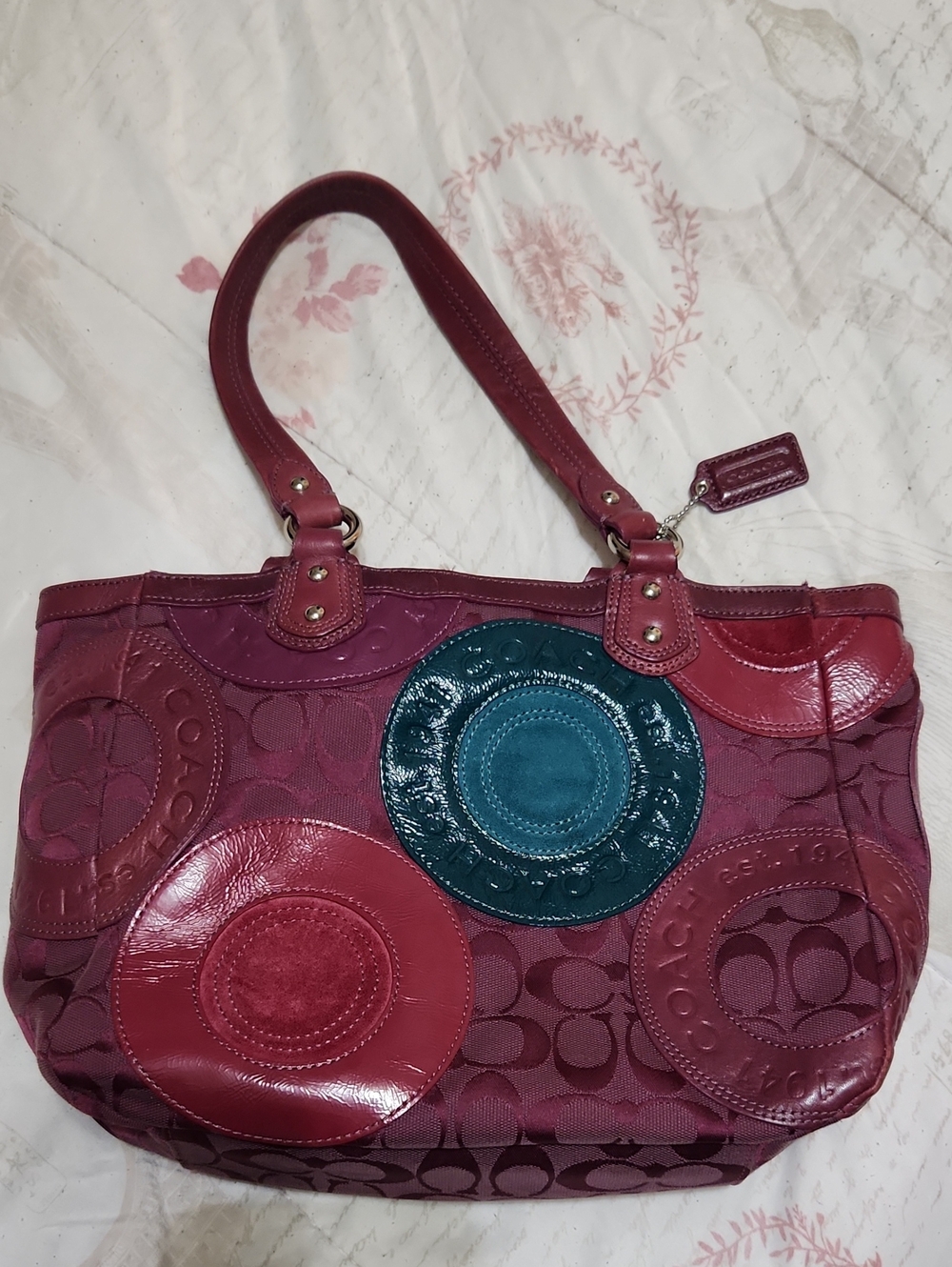 Coach Patchwork Satchel in Maroon with Teal Accent